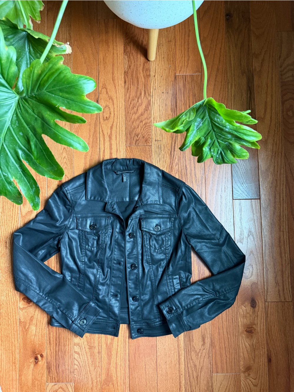 White House Black Market Black Fabric Faux Leather Button-Front Jacket
